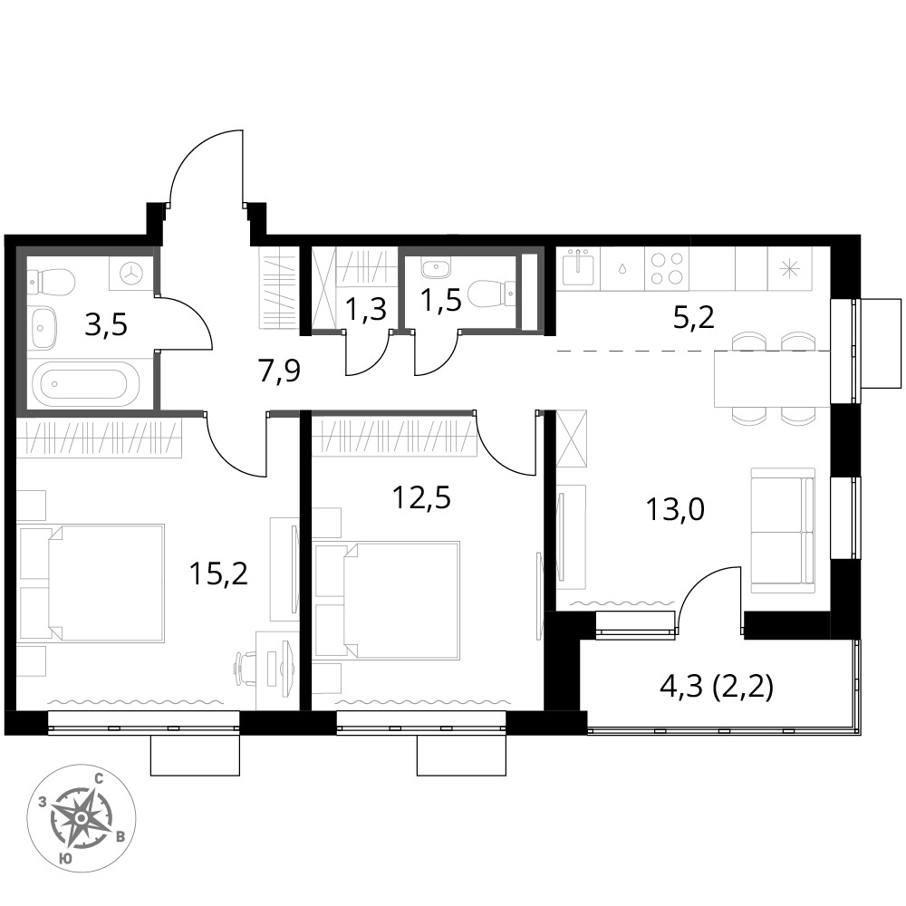 1-й Донской — 3-комнатная · 62,3 м²