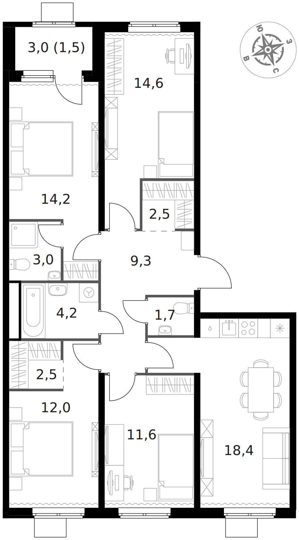 1-й Химкинский — 4-комнатная · 95,5 м²