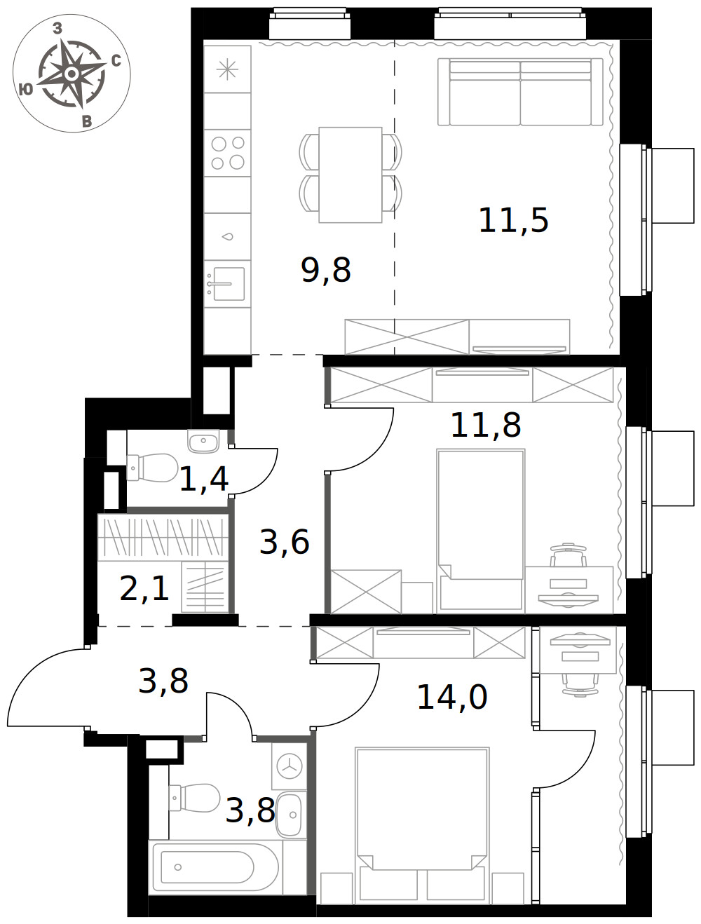 1-й Химкинский — 3-комнатная · 61,8 м²