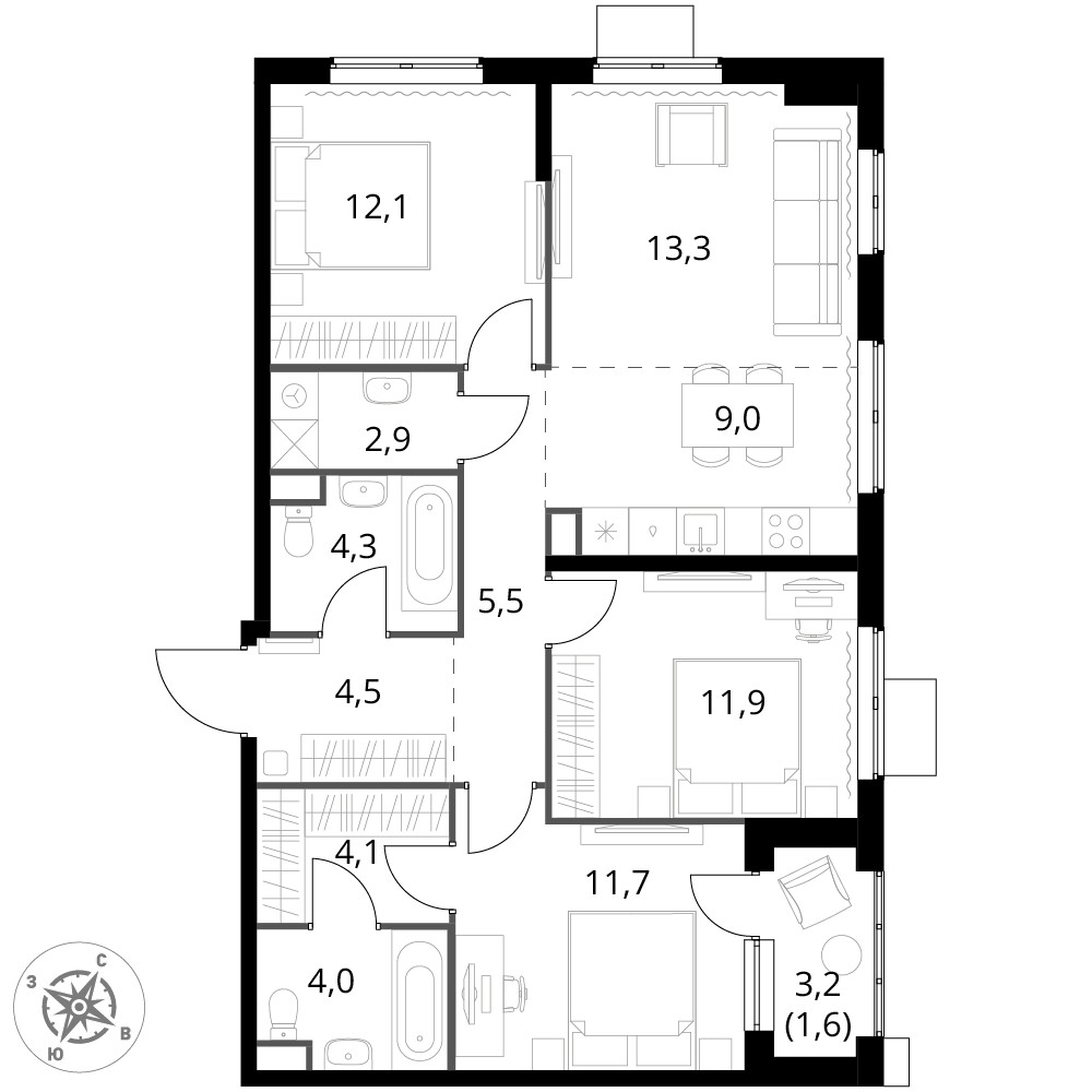 1-й Измайловский — 4-комнатная · 84,9 м²