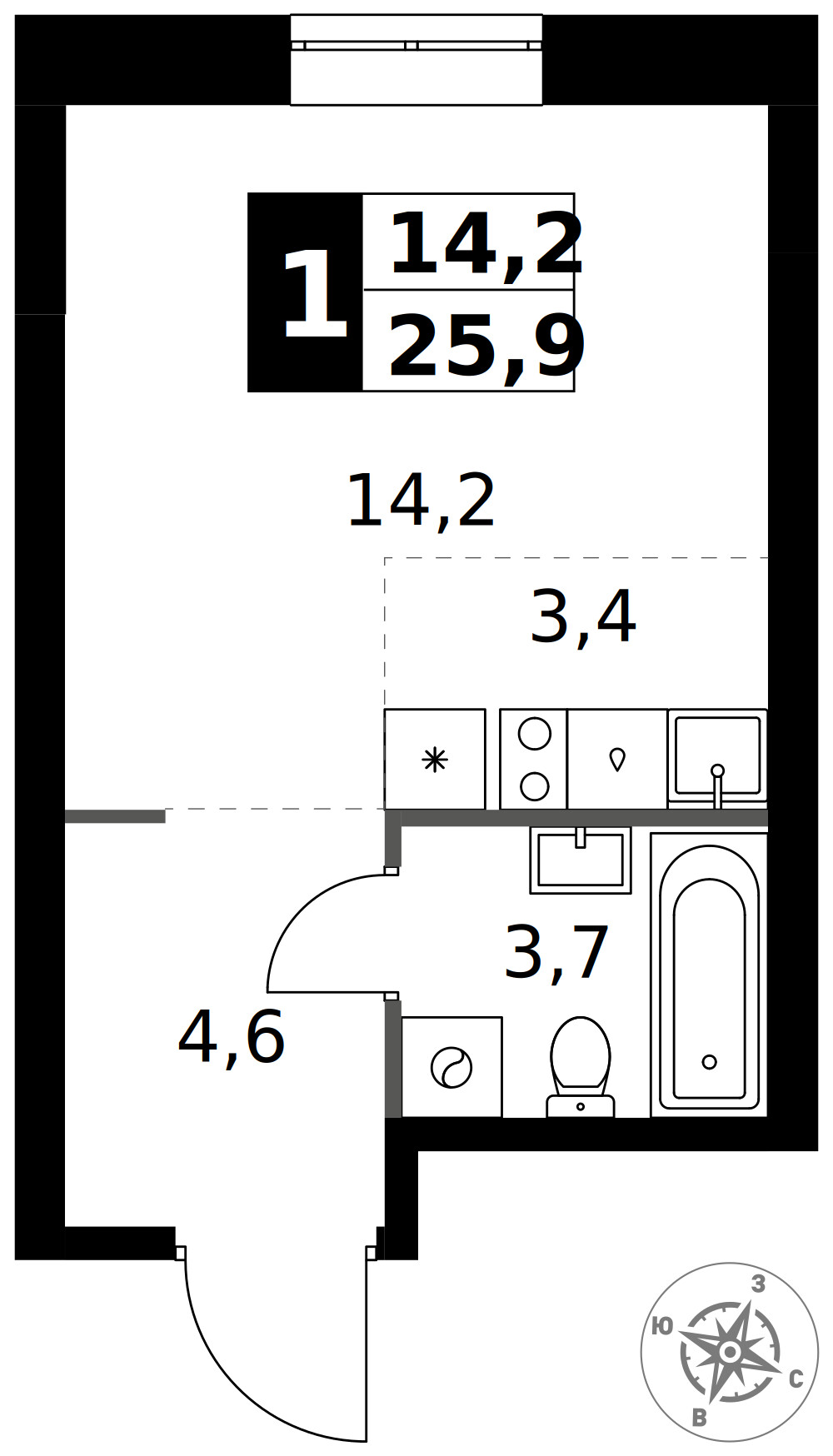 1-й Измайловский — Студия · 25,9 м²
