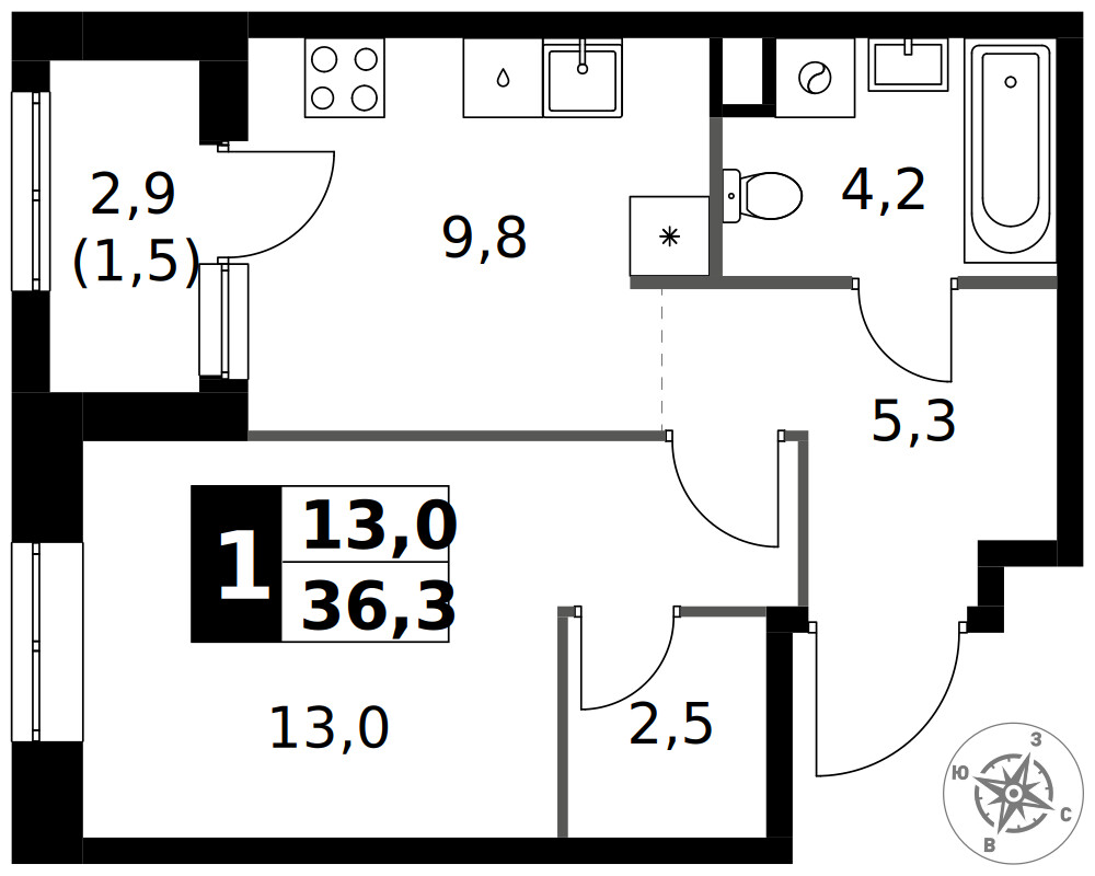1-й Измайловский — 1-комнатная · 36,3 м²