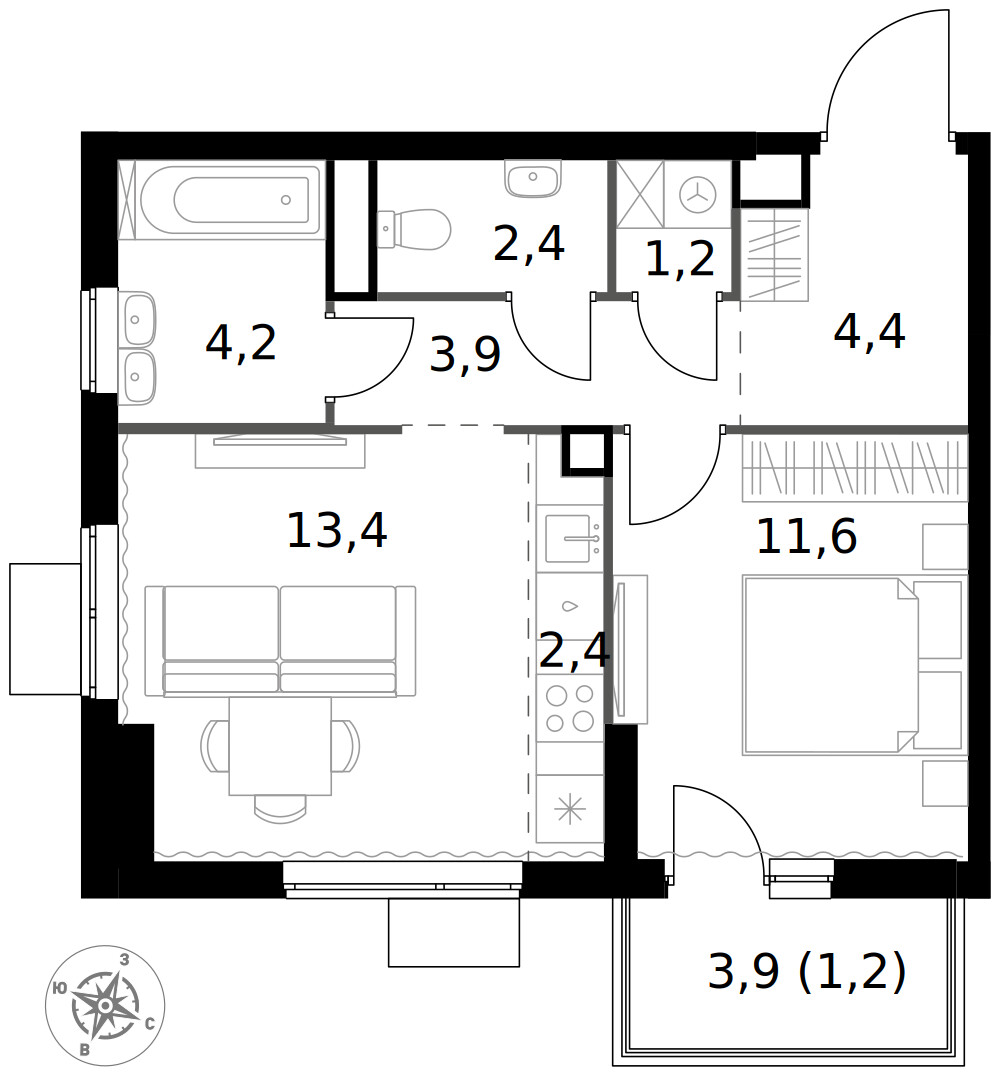 1-й Измайловский — 2-комнатная · 44,7 м²