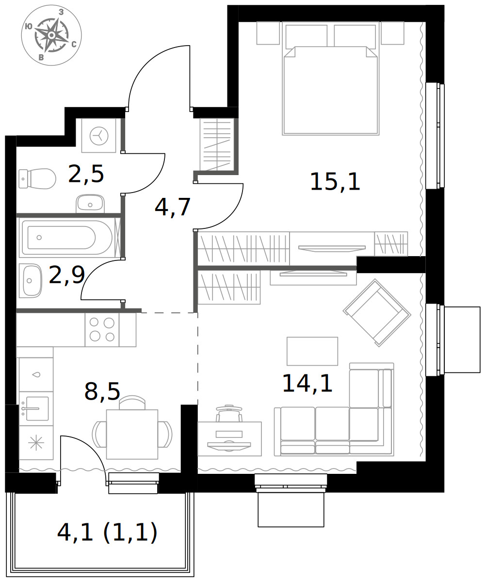 1-й Измайловский — 2-комнатная · 48,9 м²
