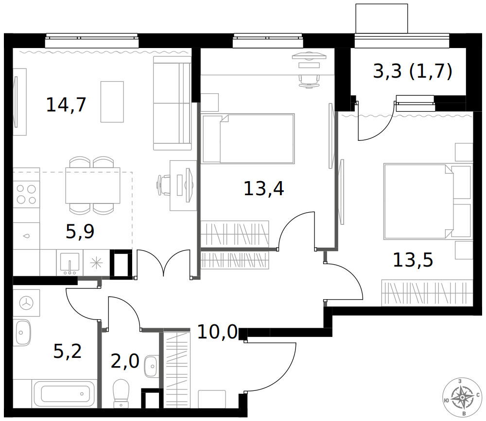 1-й Измайловский — 3-комнатная · 66,4 м²