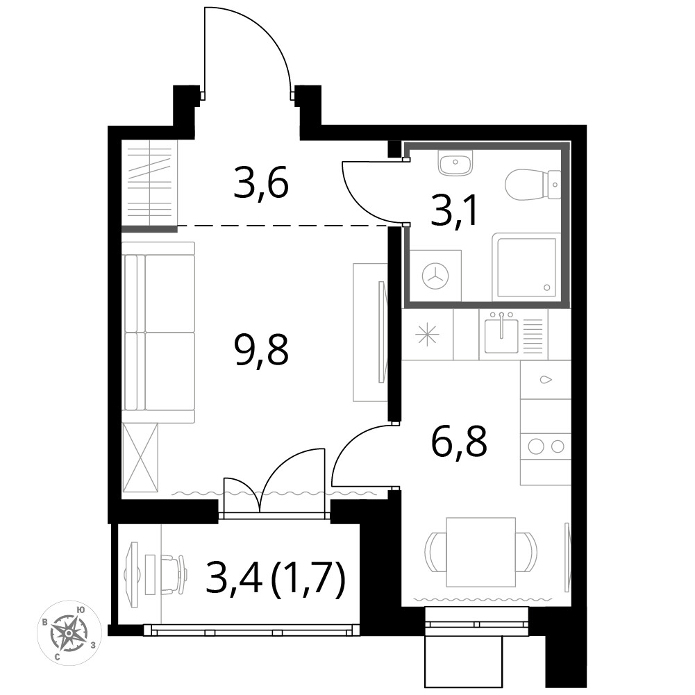 1-й Лермонтовский — Студия · 24,7 м²