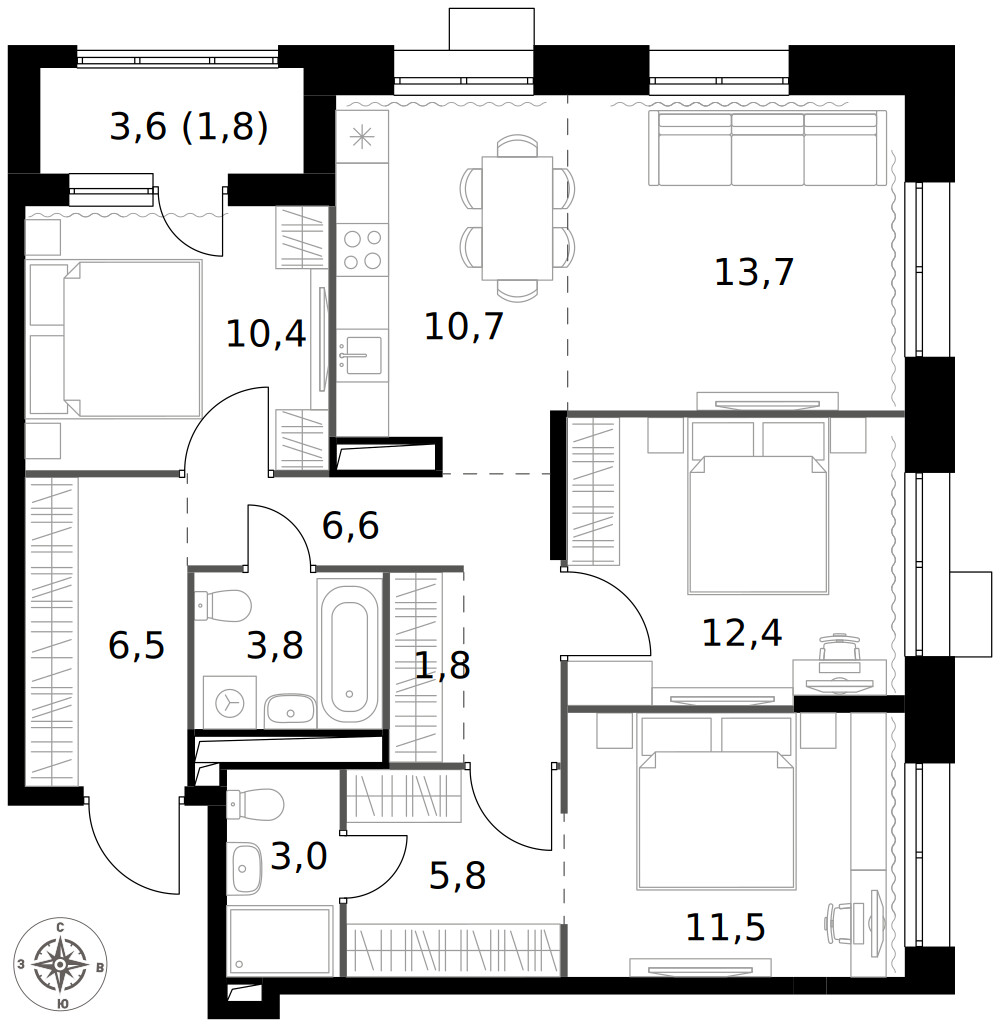 1-й Саларьевский — 4-комнатная · 88,0 м²