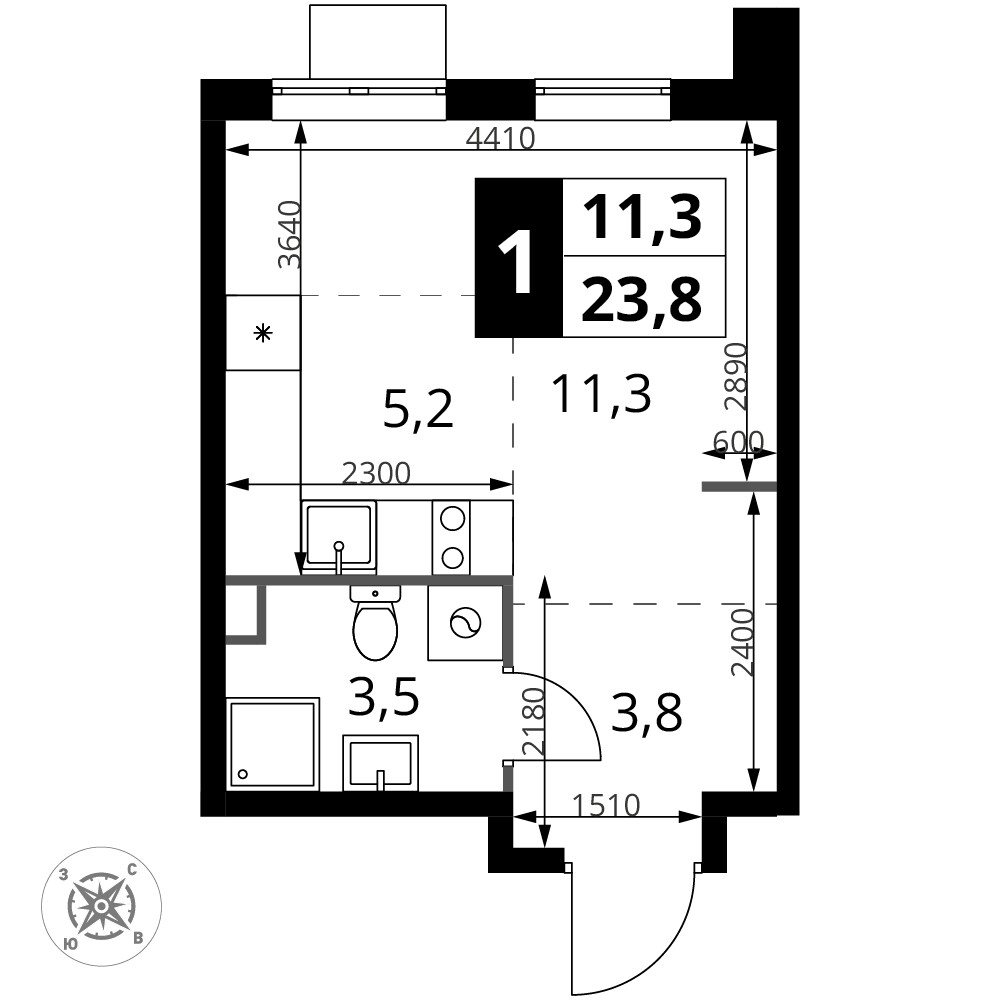 1-й Шереметьевский — Студия · 23,8 м²
