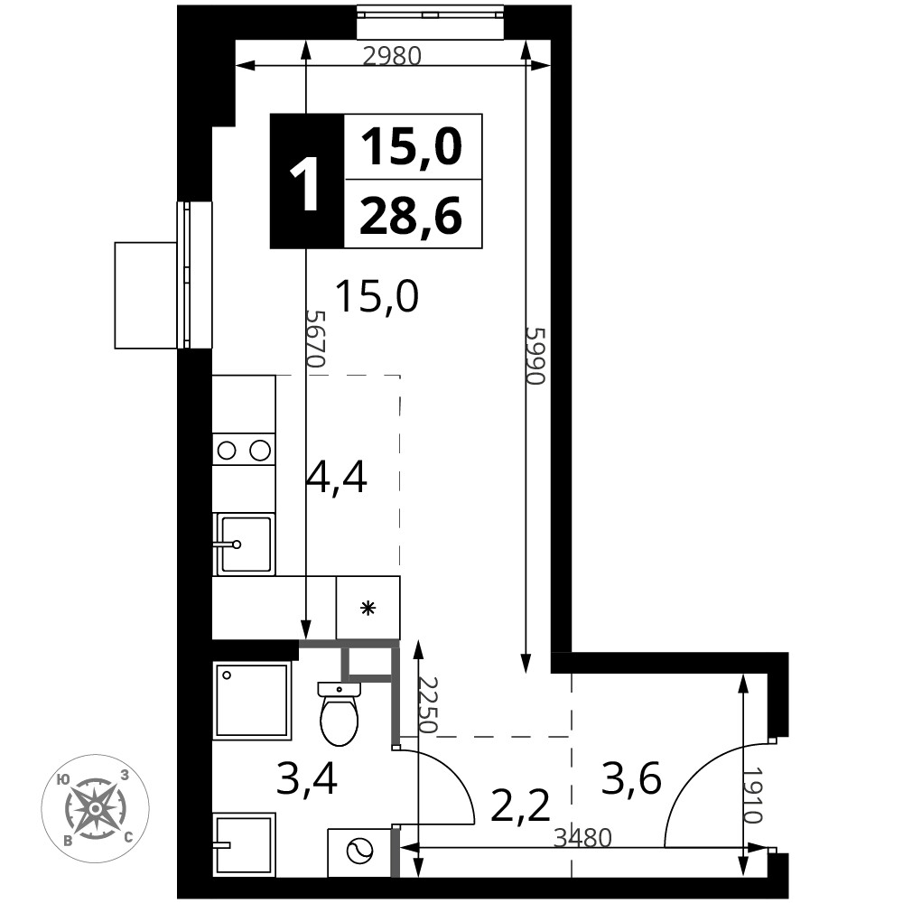 1-й Шереметьевский — Студия · 28,6 м²