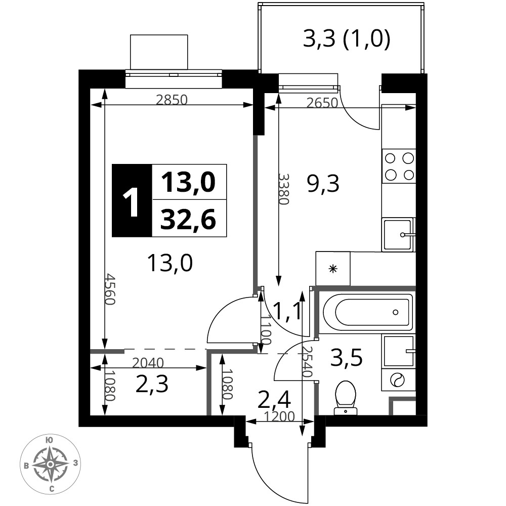 1-й Шереметьевский — 1-комнатная · 32,6 м²