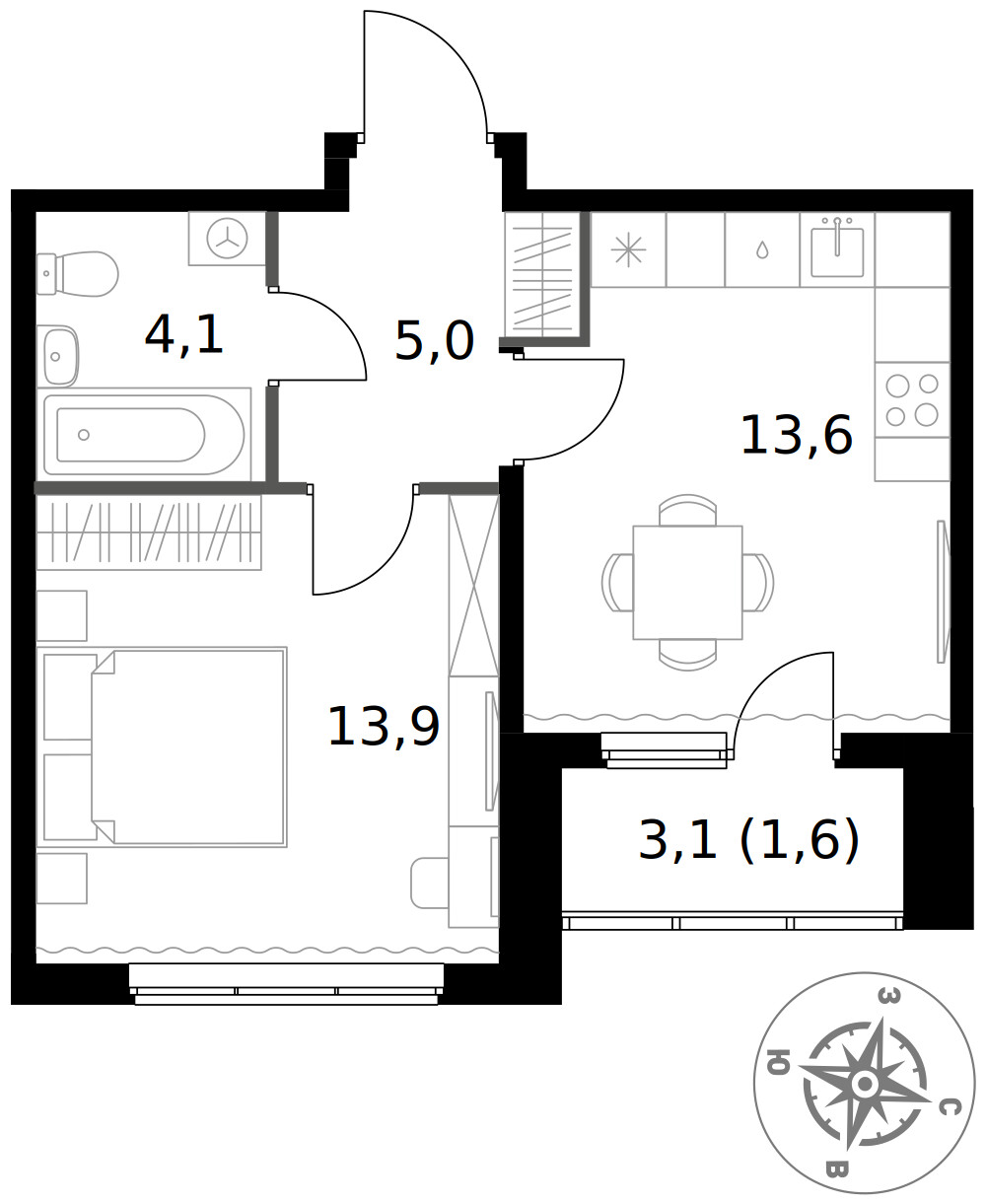 1-й Ясеневский — 1-комнатная · 38,2 м²