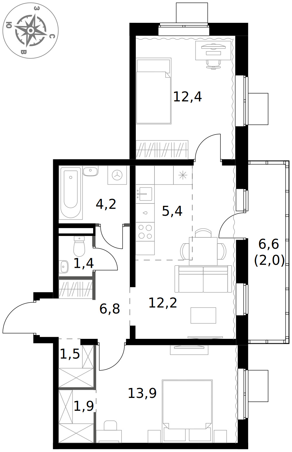 1-й Ясеневский — 3-комнатная · 61,7 м²