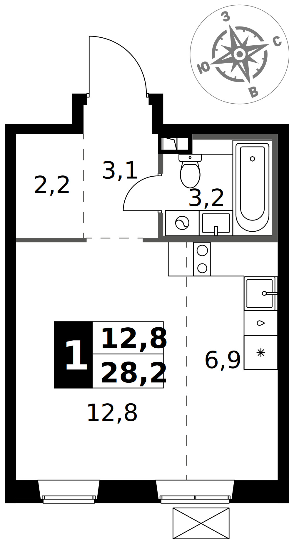 1-й Южный — Студия · 28,2 м²
