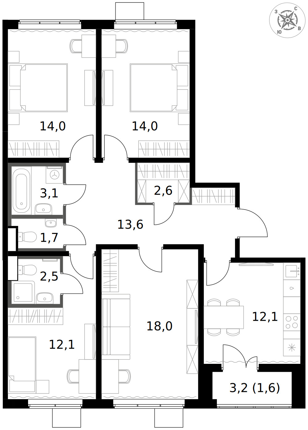 1-й Южный — 4-комнатная · 95,3 м²