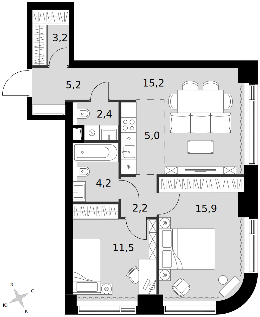 Amber City — 3-комнатная · 64,8 м²