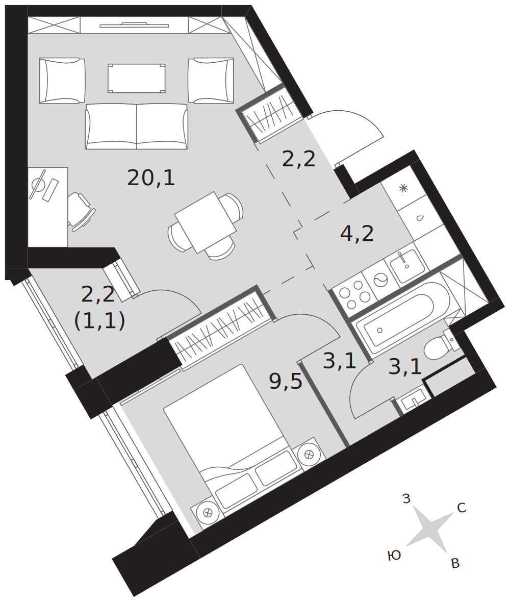 Архитектор — 2-комнатная · 43,3 м²