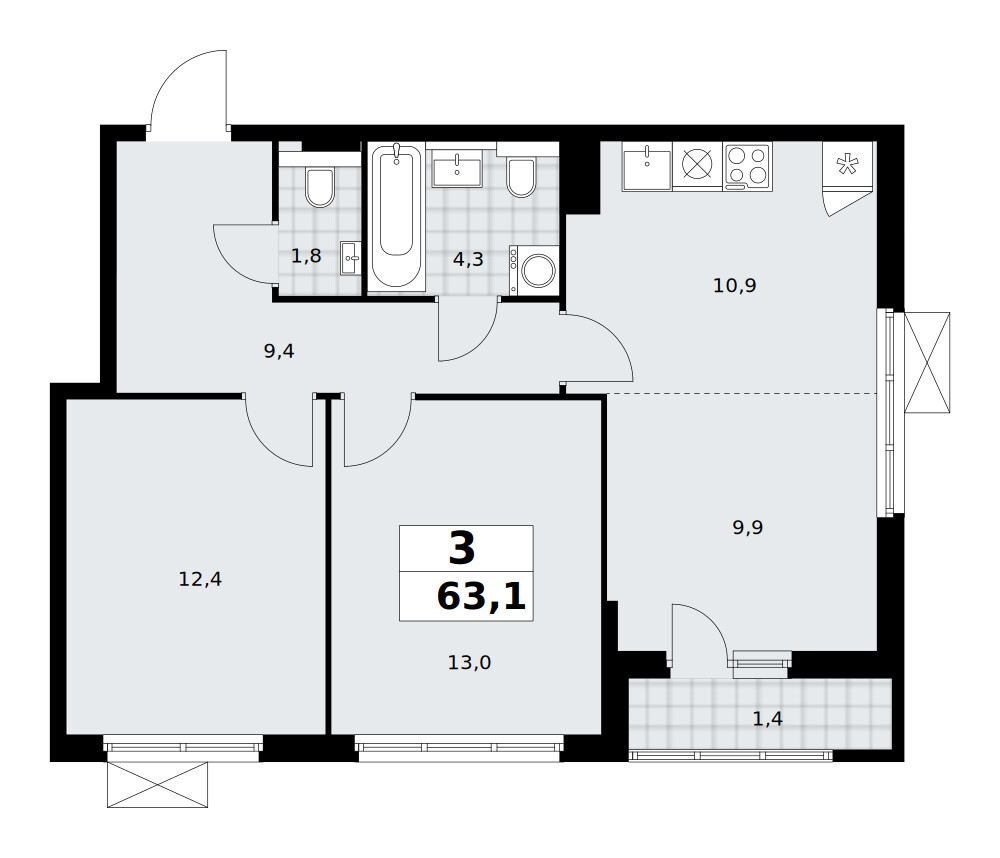 Бунинские кварталы — Евротрёшка · 62,9 м²
