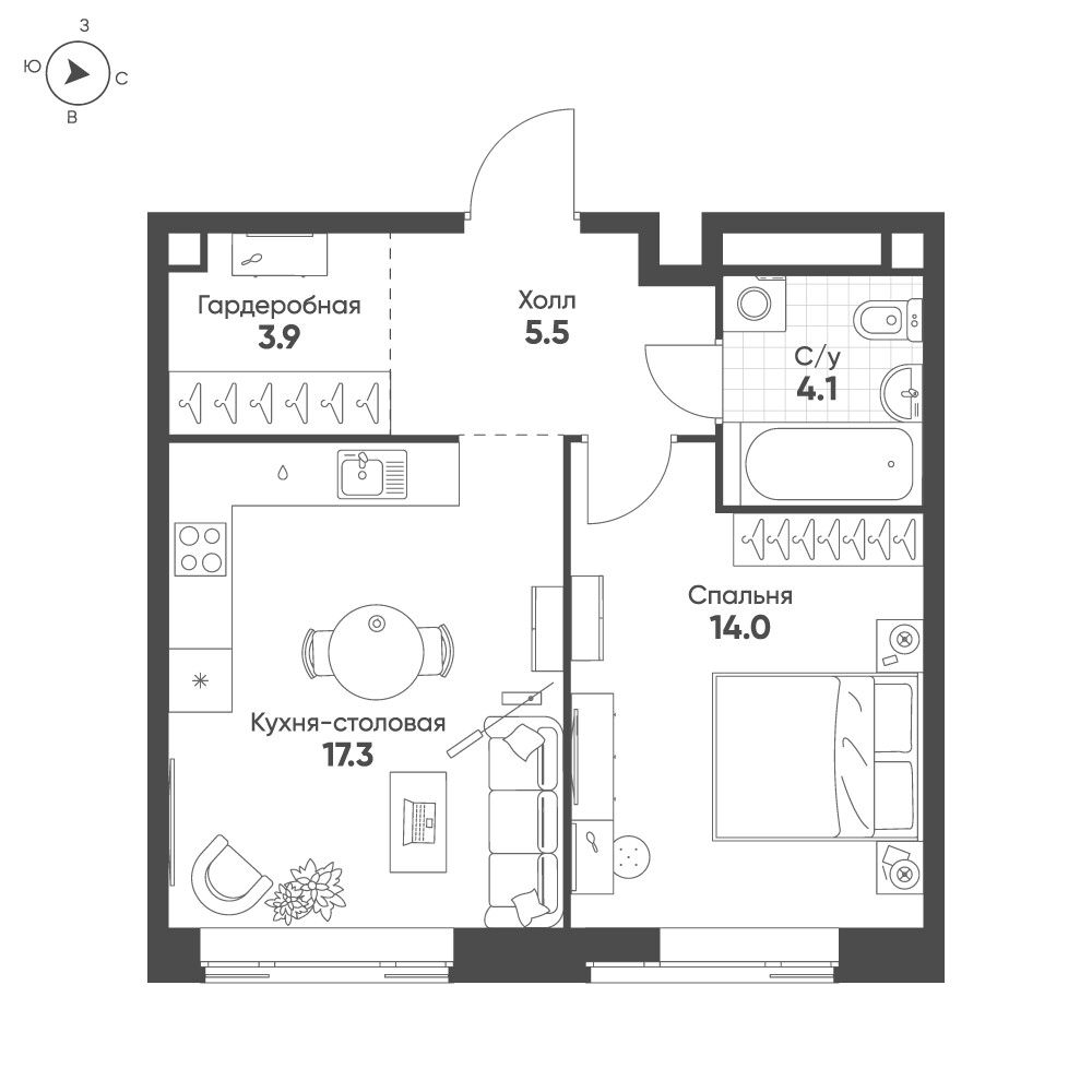 Мариин Парк — 1-комнатная · 44,8 м²