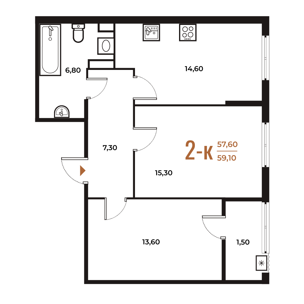 Новое Летово — 2-комнатная · 59,7 м²