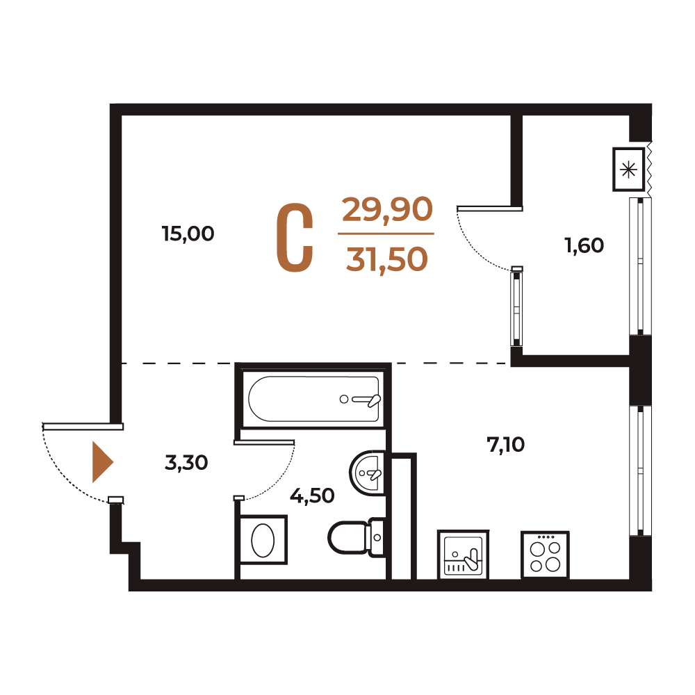 Новое Летово — Студия · 30,9 м²