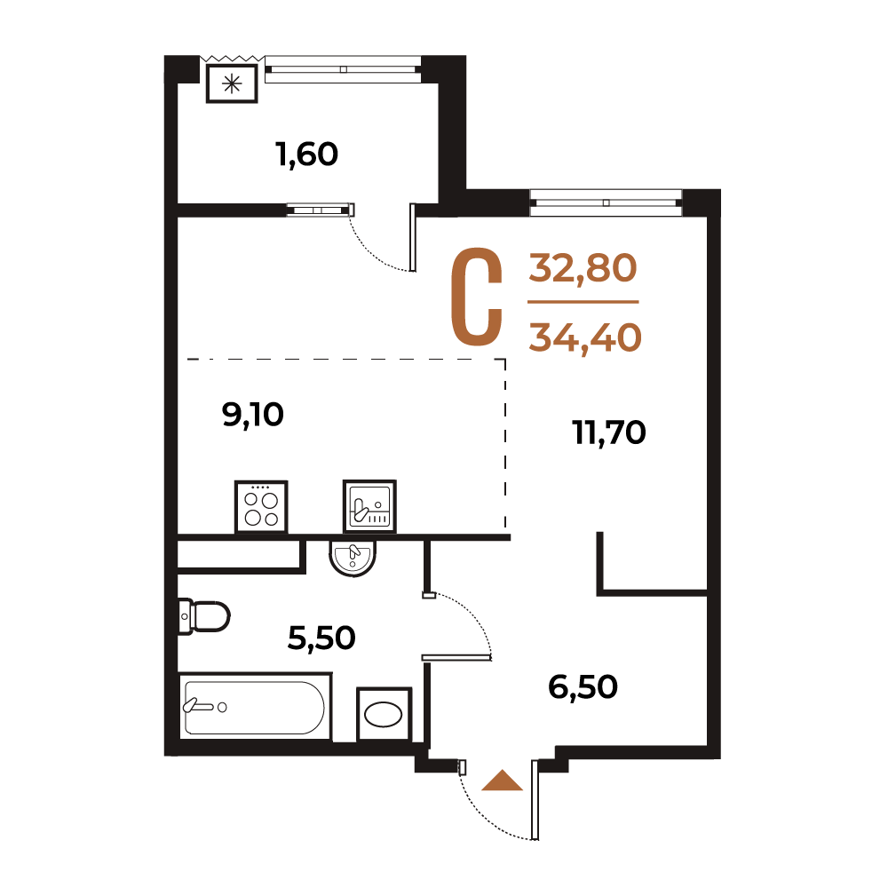 Новое Летово — Студия · 30,9 м²