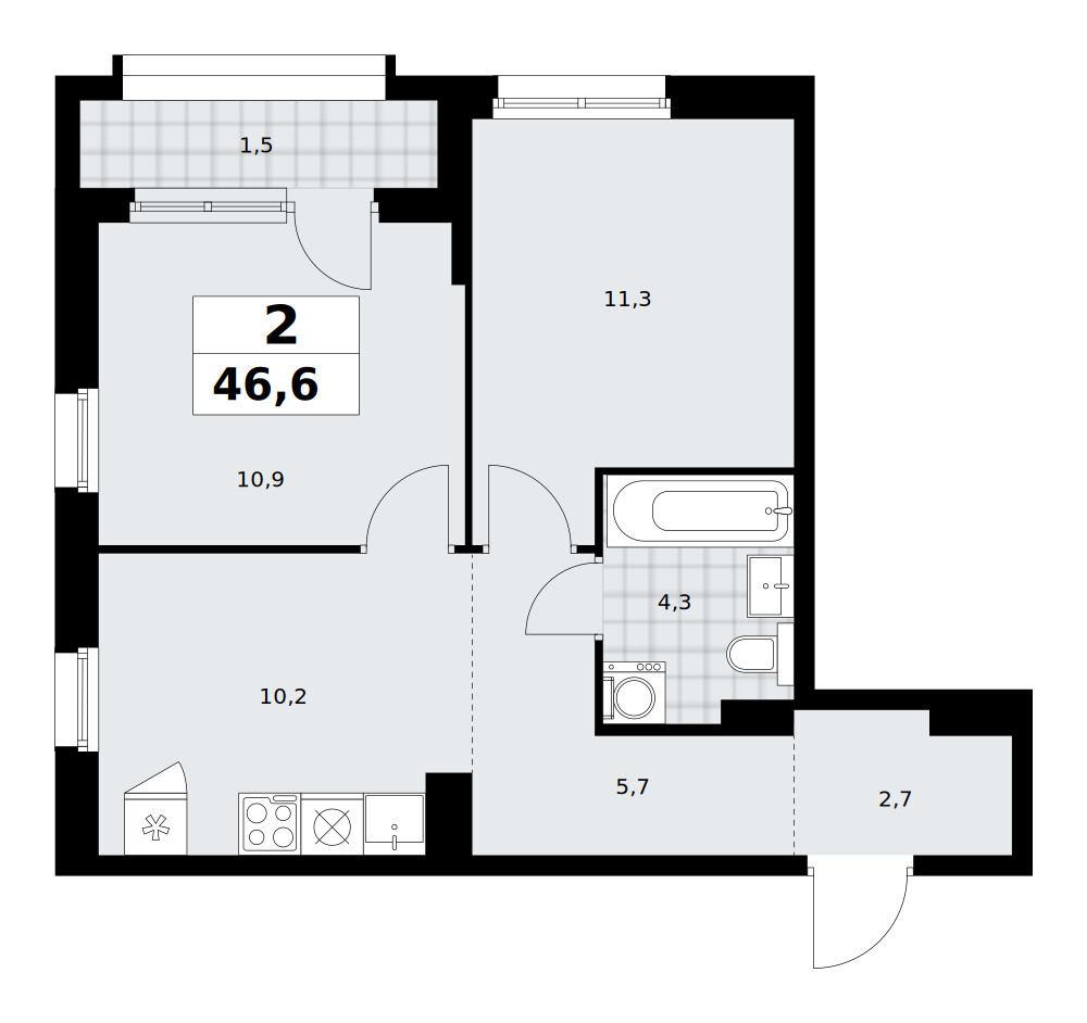 Прокшино — 2-комнатная · 46,6 м²