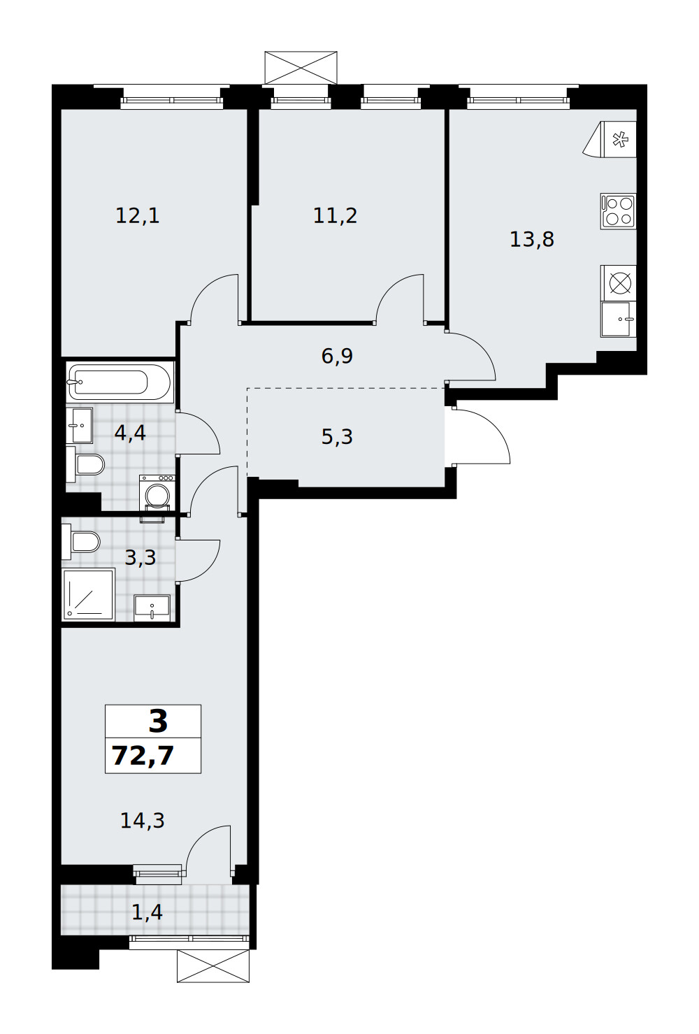 Прокшино — 3-комнатная · 72,7 м²