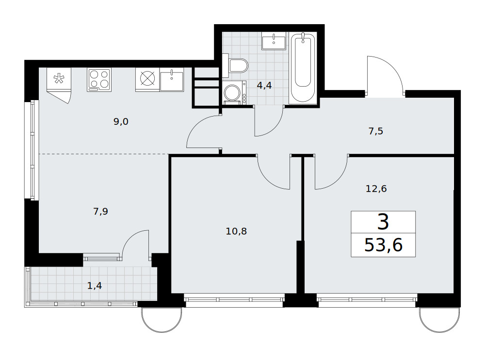 Родные кварталы — Евротрёшка · 53,6 м²