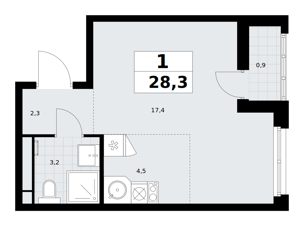 Родные кварталы — 1-комнатная · 28,3 м²