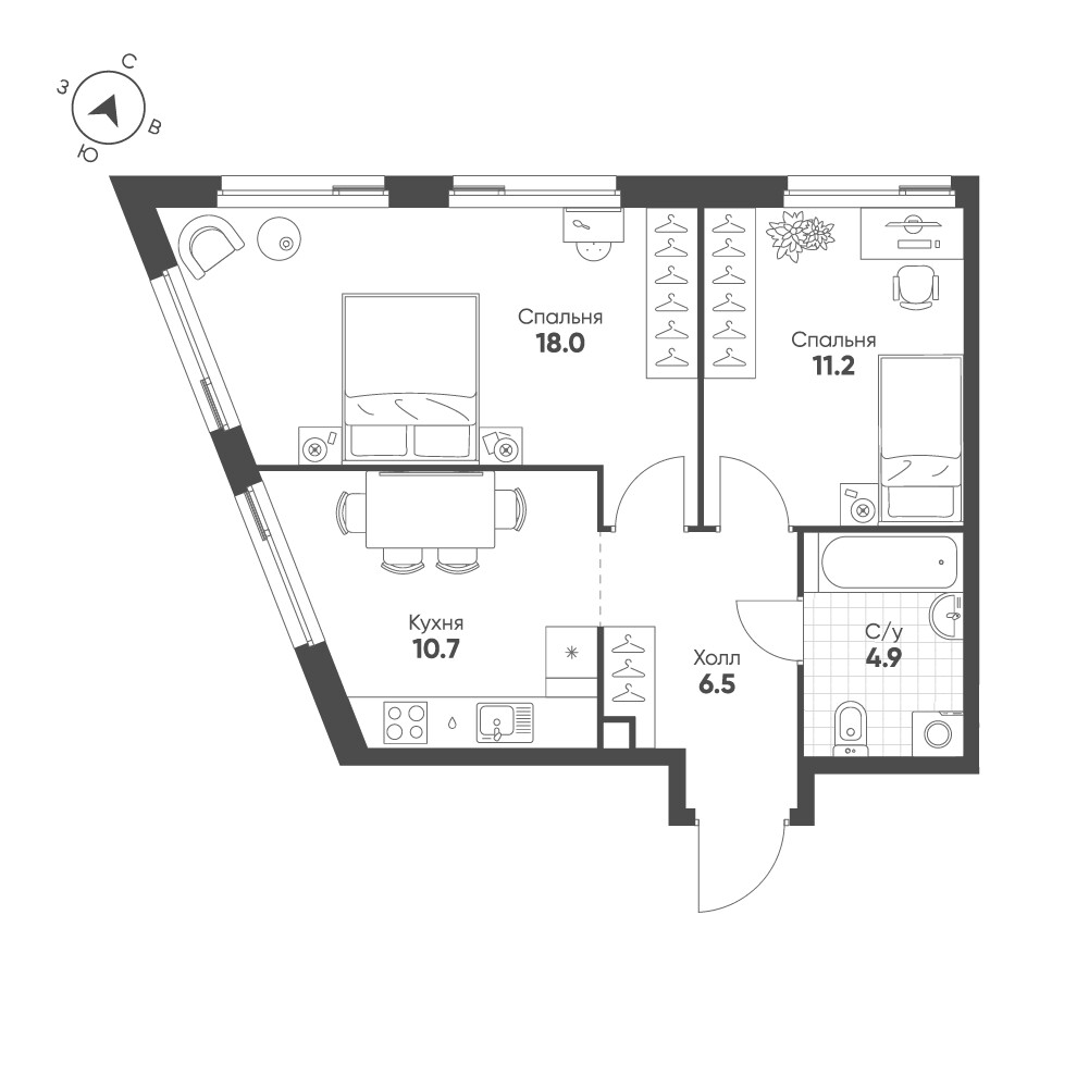 Shagal — 2-комнатная · 51,3 м²