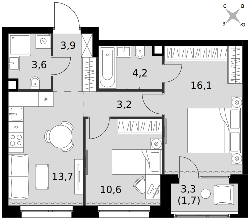Симоновский Вал — 2-комнатная · 57,0 м²