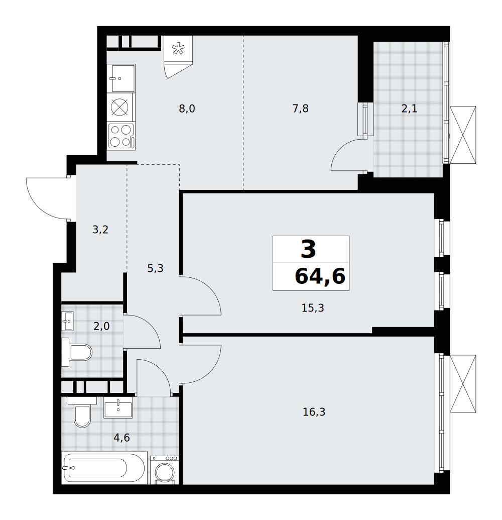 Скандинавия — 3-комнатная · 64,6 м²