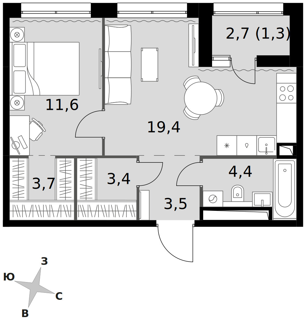 Sky Garden — 2-комнатная · 47,3 м²