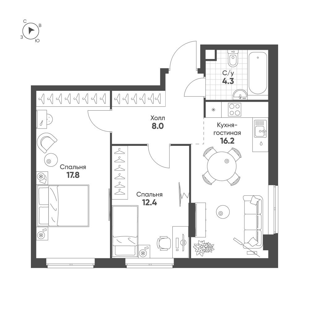 Соколин Парк — 2-комнатная · 58,7 м²