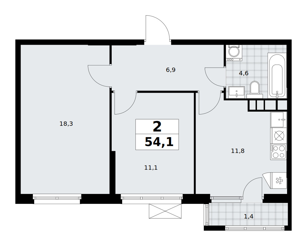 Южные сады — 2-комнатная · 54,1 м²