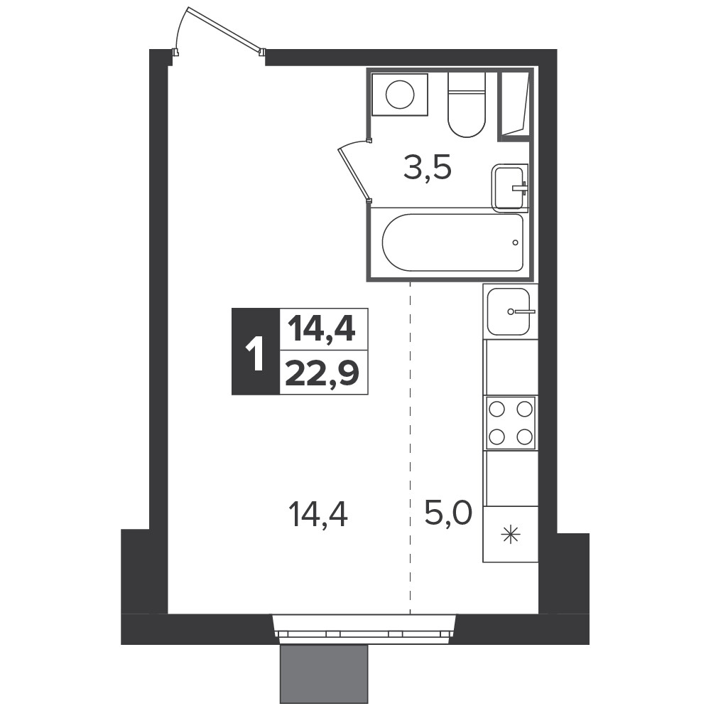 Южная Битца — Студия · 22,9 м²