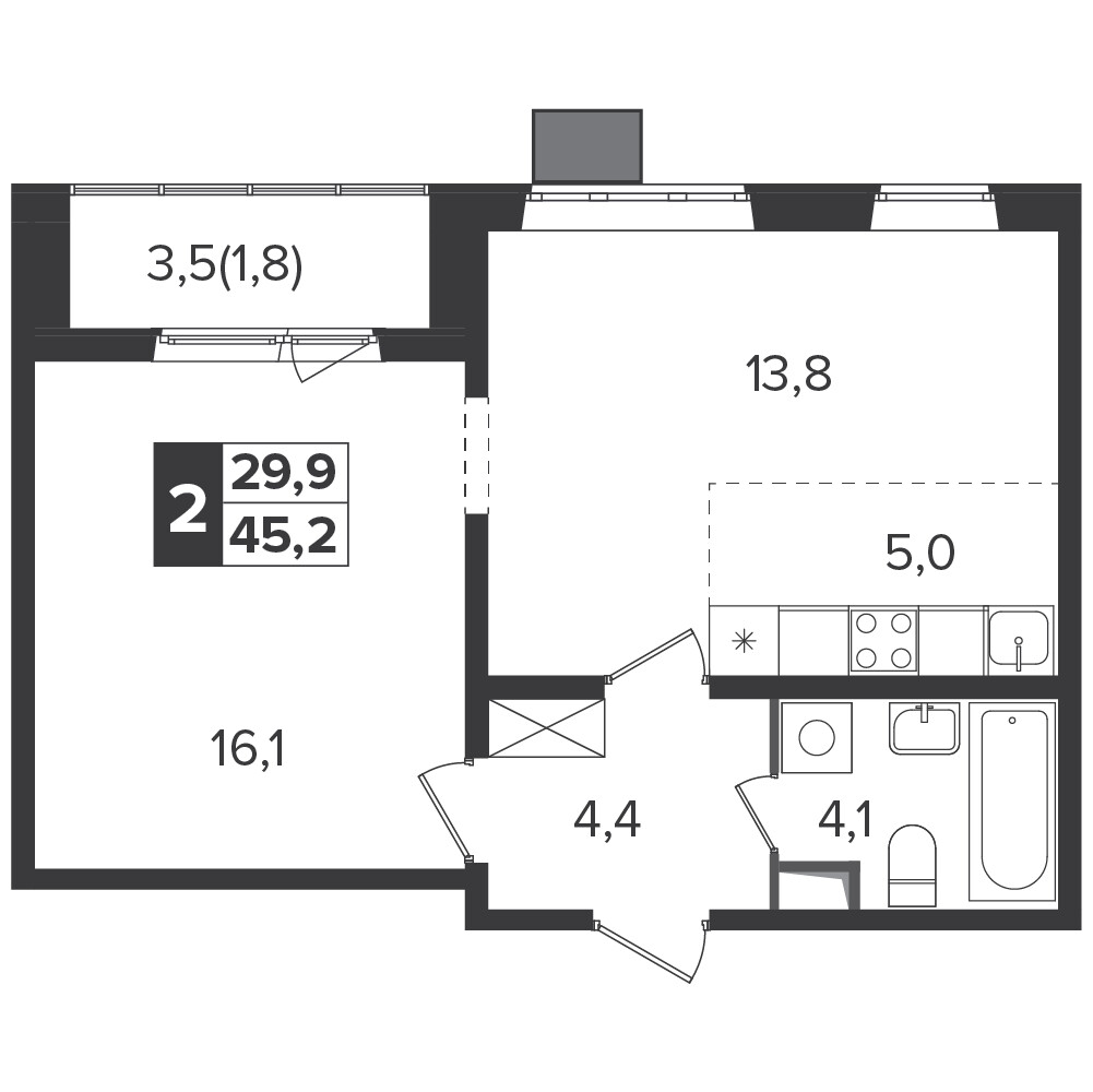 Южная Битца — 2-комнатная · 45,1 м²