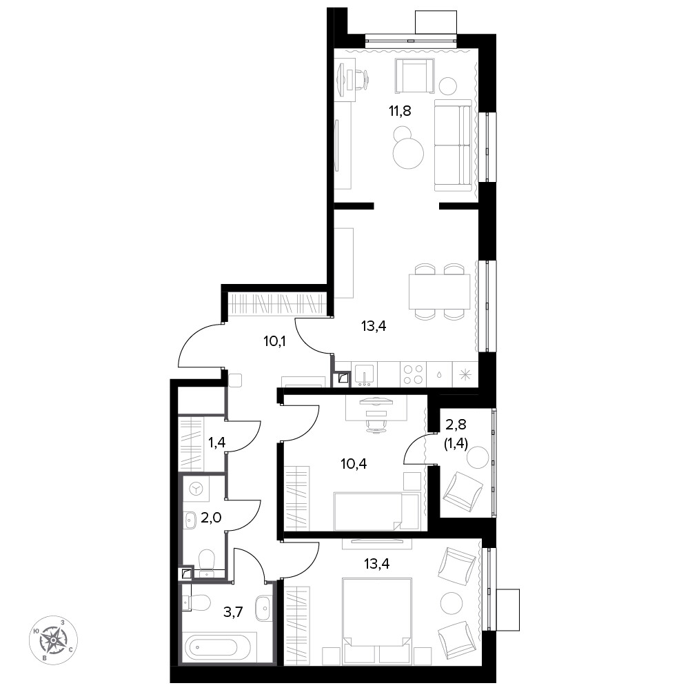 Южная Битца — 3-комнатная · 68,6 м²